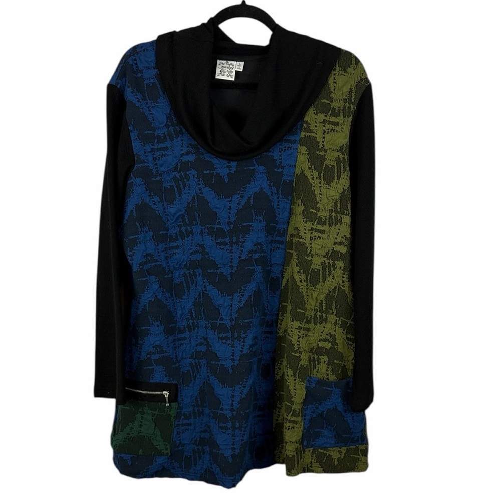 Parsley & Sage Cowl Neck Tunic Top Blue & Green Patchwork Pockets Large